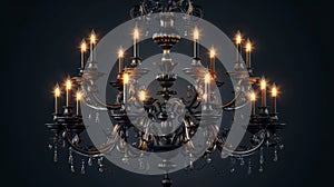 Beautiful ornate dark chandelier with burning candles