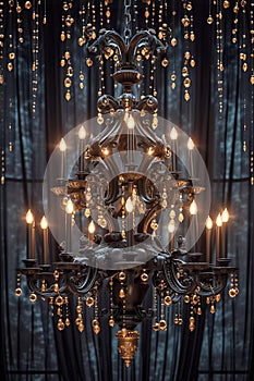 Beautiful ornate dark chandelier with burning candles in antique victorian baroque style. Vertical luxury illustration