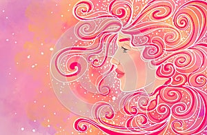 Beautiful ornate pink fashion girl portrait illustration