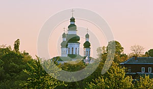 Beautiful orthodox chuch with green domes. Architecture of Chernihiv, Ukraine