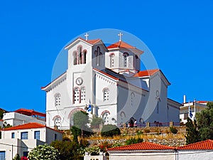 Beautiful orthodox church of Saint Philippe agiou philippou in Batsi on the island of Andros, famous Cyclades island