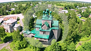 Beautiful Orthodox wooden church of the Assumption of the Blessed Virgin Mary in the city of Cherepovets in the Vologda