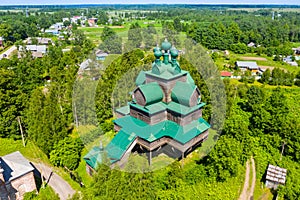 Beautiful Orthodox wooden church of the Assumption of the Blessed Virgin Mary in the city of Cherepovets in the Vologda region