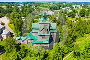 Beautiful Orthodox wooden church of the Assumption of the Blessed Virgin Mary in the city of Cherepovets in the Vologda region