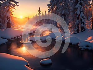 a beautiful outdoor hot spring lake over sunset winter forest landscape background.