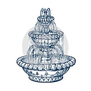 Beautiful outdoor marble fountain. Sketch vintage vector illustration