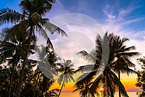 Beautiful outdoor tropical nature landscape of swimming pool in hotel resort with coconut palm tree umbrella and chair nearly sea