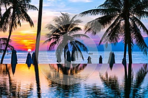 Beautiful outdoor tropical nature landscape of swimming pool in hotel resort with coconut palm tree umbrella and chair nearly sea