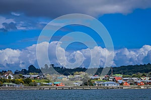 Beautiful outdoor view of buildings in the horizont of Chacao in Chilean mainland photo