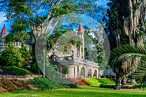 Beautiful outdoor view of the garden with a gorgeous view of gothic medieval Castle Museum behind in Medellin, Colombia