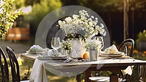 Beautiful outdoor wedding table setting with white flowers