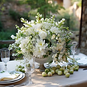 Beautiful outdoor wedding table setting with white flowers