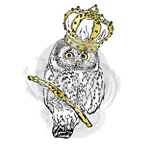 Beautiful owl with crown. Vector illustration for greeting card, poster, or print on clothes. Fashion & Style.