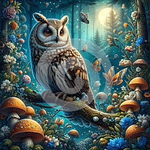 A beautiful owl perched on a branch, in a magical woodland, with beautif wildflowers, moonlit, mushrooms, digital art, fantasy