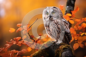 Beautiful owl sitting on a tree branch in the autumn forest. Autumn in nature with owl. Ural Owl, Strix uralensis, sitting on tree