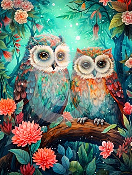 Beautiful owls on the branch in tropical forest painting.