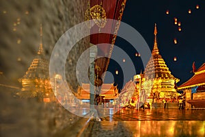 Beautiful Pagoda with reflection, Wat phra that doi suthep temple in Chiang mai thailand, the most famous temple at twilight, Yi