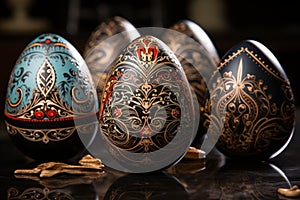 beautiful painted easter eggs on black background