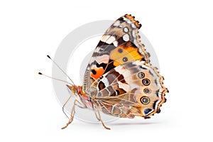 Beautiful Painted Lady butterfly isolated on a white background. Side view