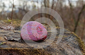 Beautiful painted purple stone in the forest on a stump.