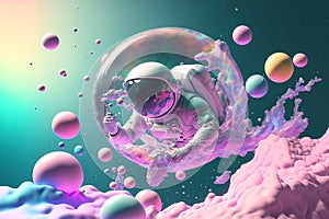 Beautiful painting of an astronaut in in a colorful bubbles galaxy on a different planet. Generative AI. Pop art concept