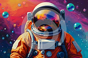 Beautiful painting of an astronaut in in a colorful bubbles galaxy on a different planet. Generative AI. Pop art concept