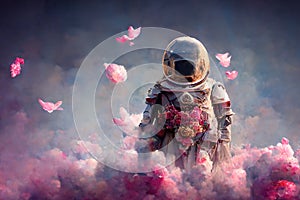 Beautiful painting of an astronaut in in a field of flowers on a different planet.