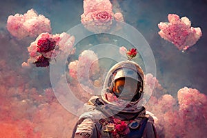 Beautiful painting of an astronaut in in a field of flowers on a different planet. Ai generated digital art illustration