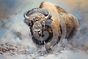 Beautiful painting of bison cow standing in a blizzard. Wildlife Animals. Illustration, Generative AI