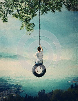 Beautiful painting of a boy swaying on a tire swing with a wonderful scenic view from above the town. Adventure and freedom