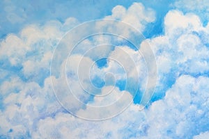 Beautiful painting of clouds and sky on cement wall. Scratched blue wall texturebackdrop surface. Concrete wall with clouds and