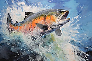 Beautiful painting of coho salmon jumping over water and splashing. Wildlife Animals. Illustration, Generative AI