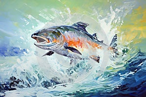 Beautiful painting of coho salmon jumping over water and splashing. Wildlife Animals. Illustration, Generative AI