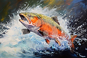 Beautiful painting of coho salmon jumping over water and splashing. Wildlife Animals. Illustration, Generative AI
