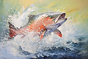 Beautiful painting of coho salmon jumping over water and splashing. Wildlife Animals. Illustration, Generative AI