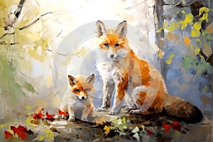 Beautiful painting of family of foxs resting under the trees in the forest. Wildlife Animals. Illustration, Generative AI