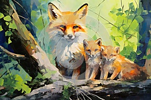 Beautiful painting of a family of foxs resting under the trees in the forest. Wildlife Animals. Illustration, Generative AI