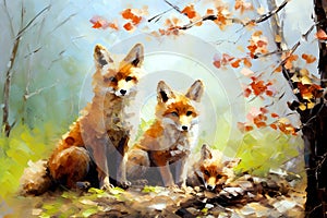 Beautiful painting of a family of foxs resting under the trees in the forest. Wildlife Animals. Illustration, Generative AI
