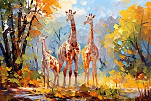 Beautiful painting of a family of giraffes resting under the trees in the forest. Wildlife Animals. Illustration, Generative AI