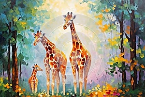 Beautiful painting of a family of giraffes resting under the trees in the forest. Wildlife Animals. Illustration, Generative AI