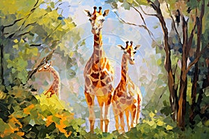 Beautiful painting of a family of giraffes resting under the trees in the forest. Wildlife Animals. Illustration, Generative AI