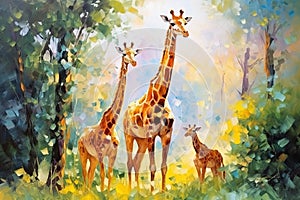 Beautiful painting of a family of giraffes resting under the trees in the forest. Wildlife Animals. Illustration, Generative AI