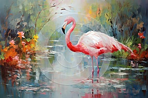 Beautiful painting of flamingo standing in the swamp in the forest. Bird, Wildlife Animals. Illustration, Generative AI photo