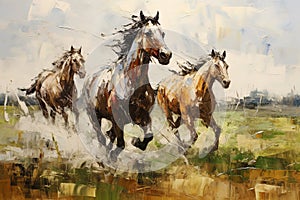 Beautiful painting of herd of horses is running in the middle of the meadow. Wildlife Animals. Illustration, Generative AI