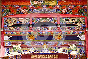 Beautiful painting interior in Tibetan Buddhist monastery Arou Da Temple in Qinghai China