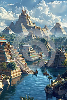 A beautiful painting of a large ancient Mesoamerican city built on a lake. The city is surrounded by lush vegetation and there are photo