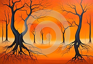 Beautiful painting of leafless trees with roots growing in woods on orange background