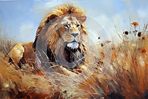 Beautiful painting of a male lion is resting in the middle of the meadow. Wildlife Animals. Illustration, Generative AI