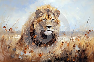 Beautiful painting of a male lion is resting in the middle of the meadow. Wildlife Animals. Illustration, Generative AI