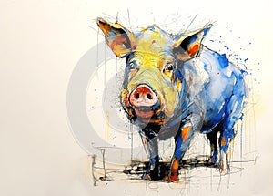 Beautiful painting of a pig on clean background. Mammals. Farm animals.